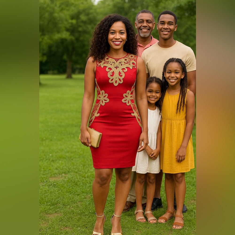 Elegant Red and Gold Floral Dress - Picture 5 of 13